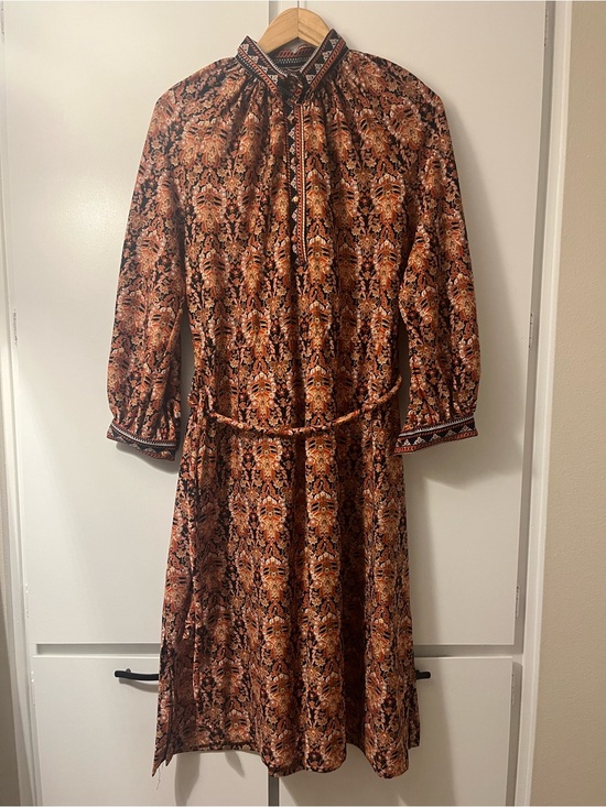 Dresses & Skirts - Women's Vintage Long Sleeve Printed Brown Midi Dress